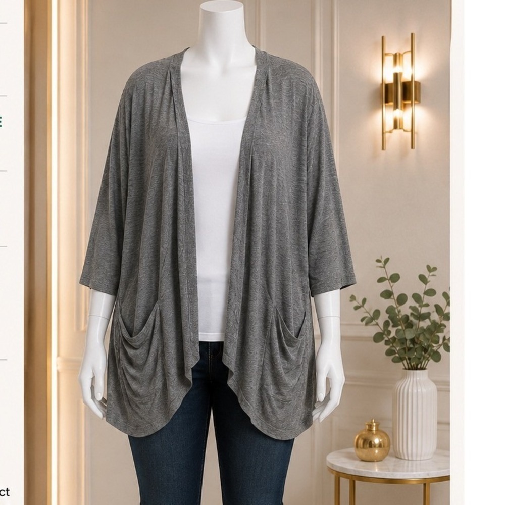 JM Fleurette Womens Cardigan Draped Open Front Pockets Gray 3X